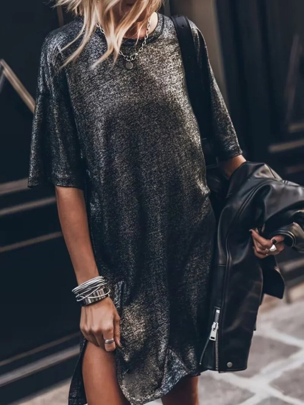 Metallic Black Mini Dress with Short Sleeves